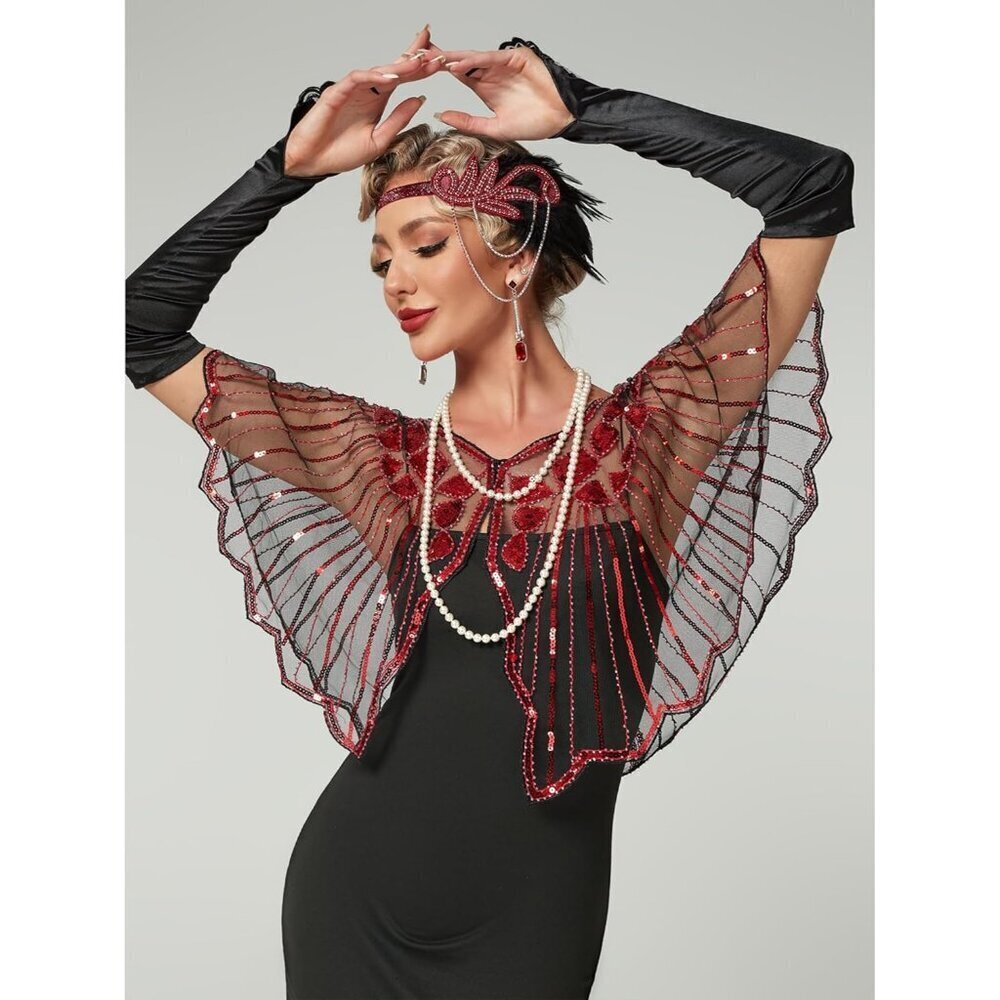Women's 1920s Sequin Flapper Shawl Wrap Mesh Evening Accessory Red - Picture 5 of 5